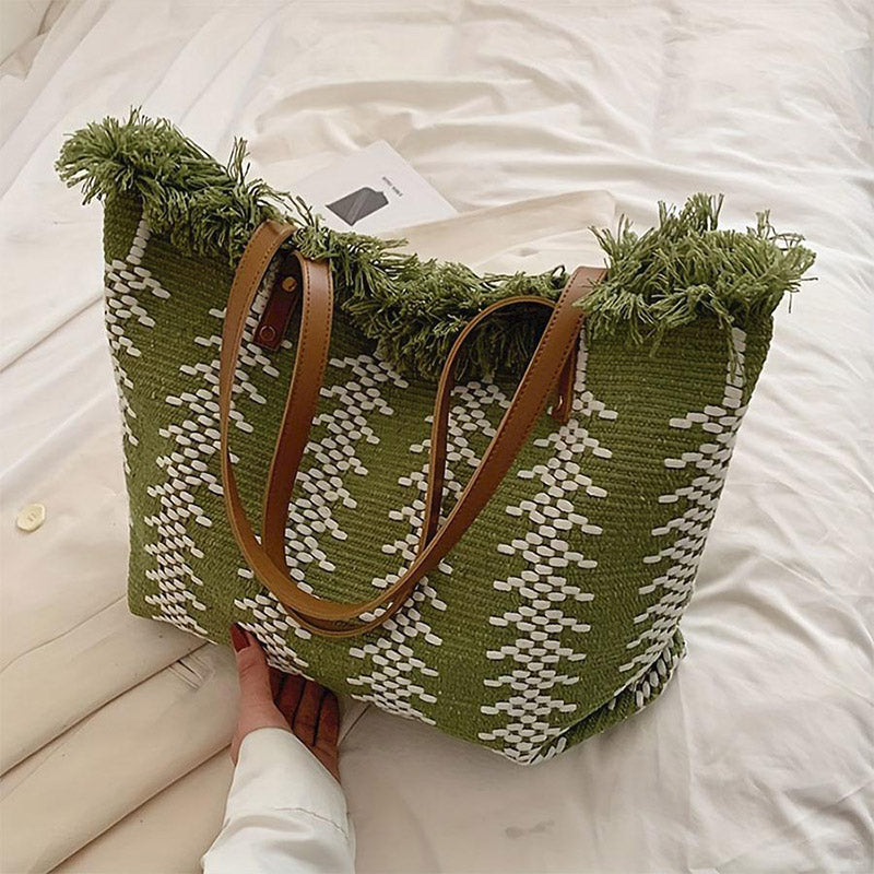 Dashingsoul Beach Vacation Western Fashion Large Capacity Shoulder Stripe Tote Straw Bag