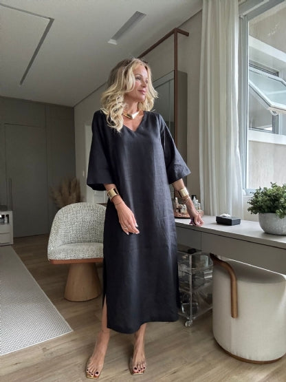 Women's Cotton linen casual dress with pocket