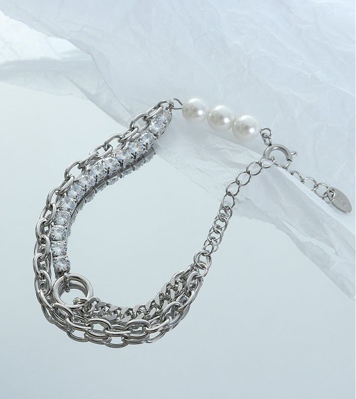 Pearl & Diamond Splicing Double Layer Chain Bracelet