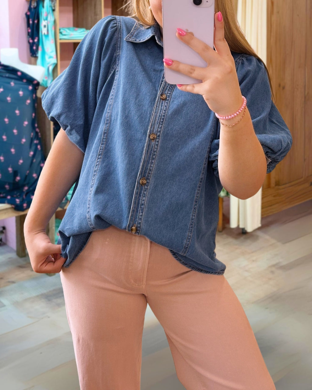 Puff Sleeve Denim Button-Up Blouse