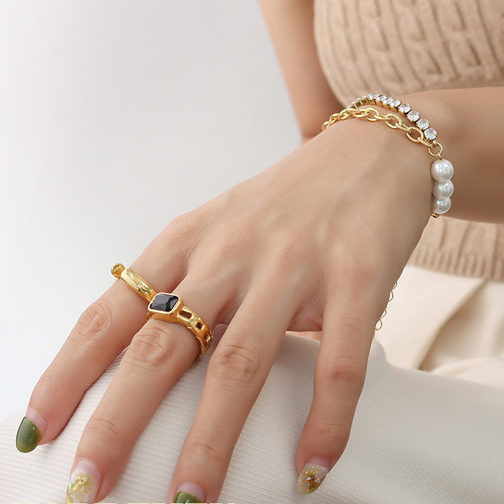 Pearl & Diamond Splicing Double Layer Chain Bracelet