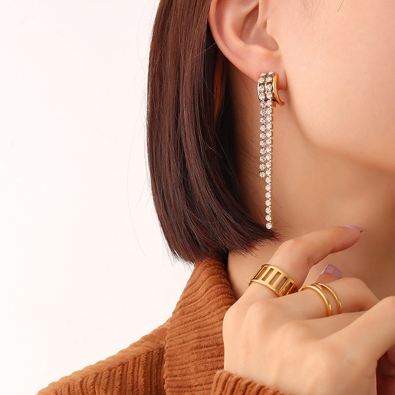 Diamonds Tassel Splicing C Shape Hoop Earings