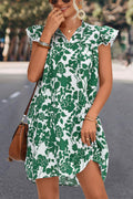 Floral Print Ruffle Sleeves V-Neck Mini Dress