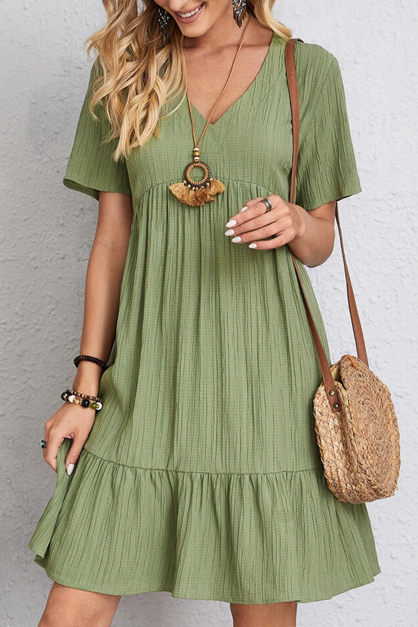 Solid Short Sleeve V-Neck Mini Dress
