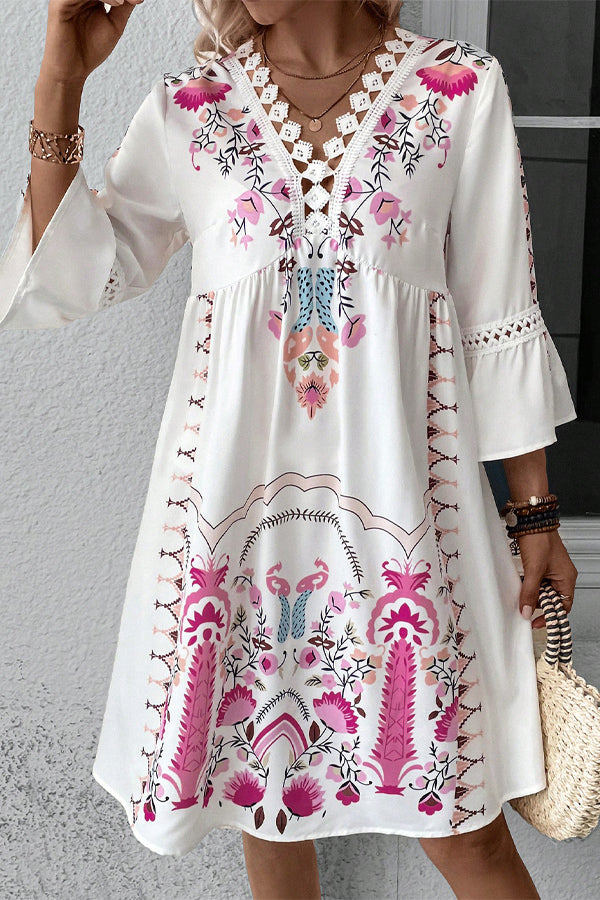 Floral Print V-Neck Lace Patch Midi Dress