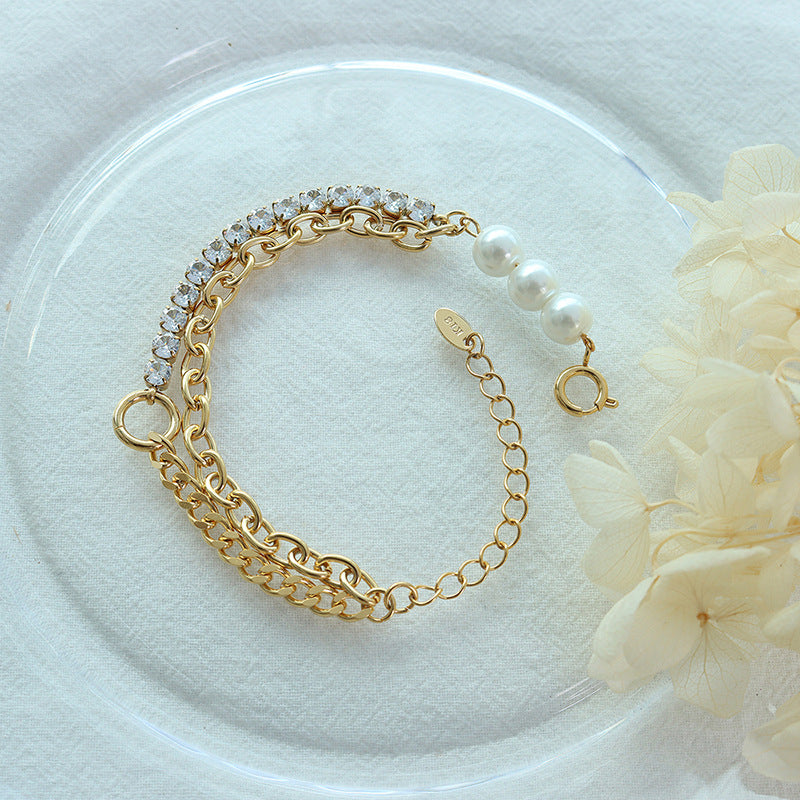 Pearl & Diamond Splicing Double Layer Chain Bracelet