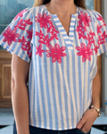 Sailor-Stripe Embroidered Blouse