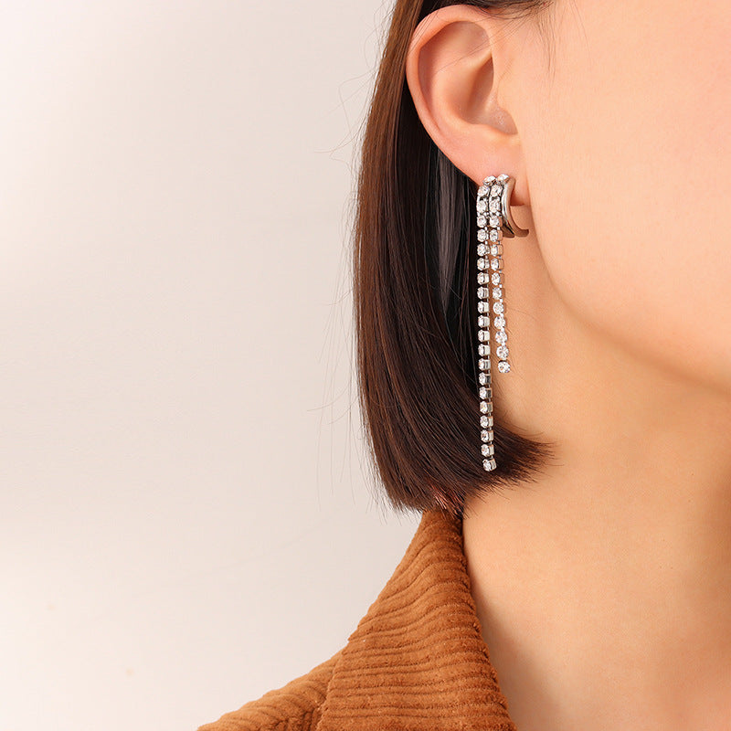 Diamonds Tassel Splicing C Shape Hoop Earings