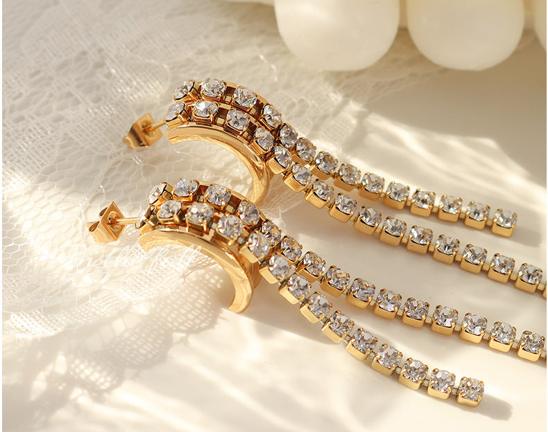 Diamonds Tassel Splicing C Shape Hoop Earings