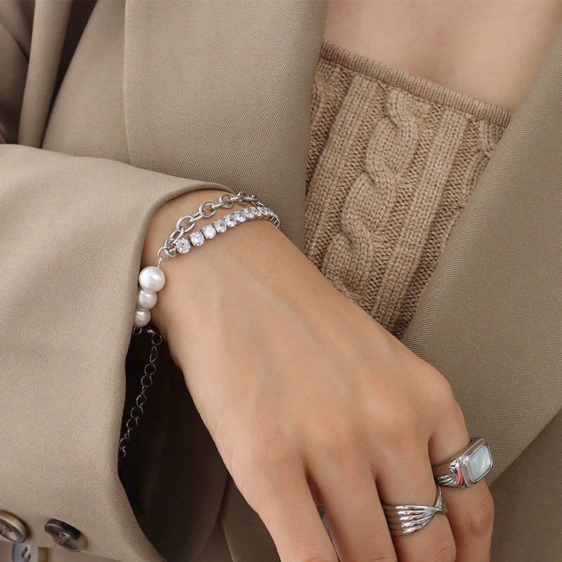 Pearl & Diamond Splicing Double Layer Chain Bracelet